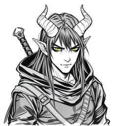 A Dungeons & Dragons male tiefling character with a more human-like appearance, featuring cut horns, striking yellow eyes, and long black hair