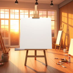 Create an image illustrating an empty white canvas on an easel, set in a warmly lit art studio with wooden floors and large windows revealing a vibrant sunset outside