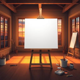 Create an image illustrating an empty white canvas on an easel, set in a warmly lit art studio with wooden floors and large windows revealing a vibrant sunset outside