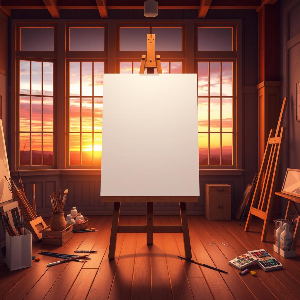 Create an image illustrating an empty white canvas on an easel, set in a warmly lit art studio with wooden floors and large windows revealing a vibrant sunset outside