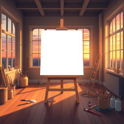 Create an image illustrating an empty white canvas on an easel, set in a warmly lit art studio with wooden floors and large windows revealing a vibrant sunset outside