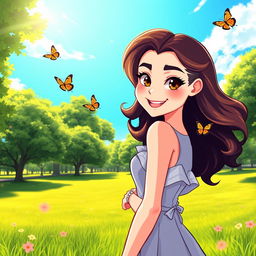 A digital illustration of a fashionable and confident girl with expressive eyes and a playful smile