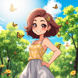 A digital illustration of a fashionable and confident girl with expressive eyes and a playful smile