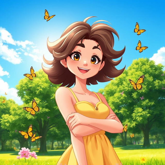 A digital illustration of a fashionable and confident girl with expressive eyes and a playful smile