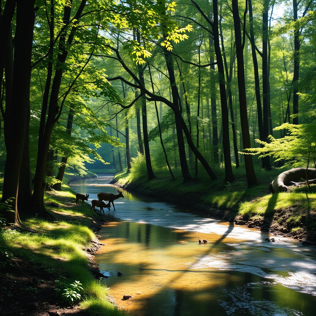 A serene forest scene with tall, lush trees casting dappled shadows on the forest floor