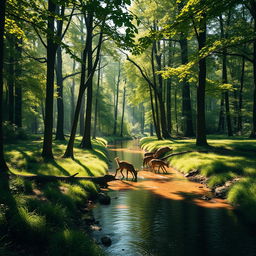 A serene forest scene with tall, lush trees casting dappled shadows on the forest floor