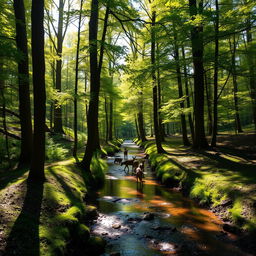 A serene forest scene with tall, lush trees casting dappled shadows on the forest floor