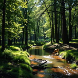 A serene forest scene with tall, lush trees casting dappled shadows on the forest floor