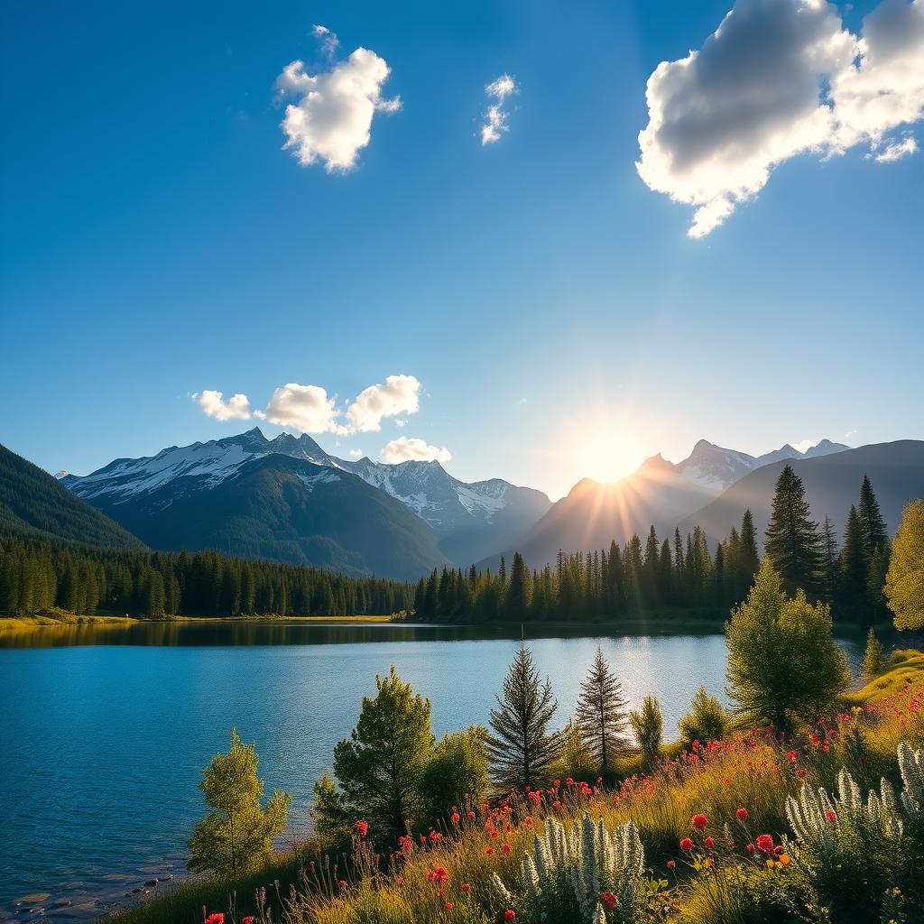 A serene landscape with a clear blue sky and a few fluffy white clouds