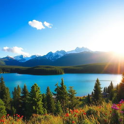 A serene landscape with a clear blue sky and a few fluffy white clouds