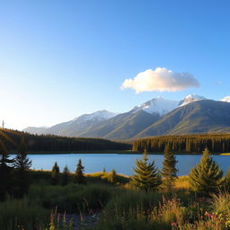 A serene landscape with a clear blue sky and a few fluffy white clouds