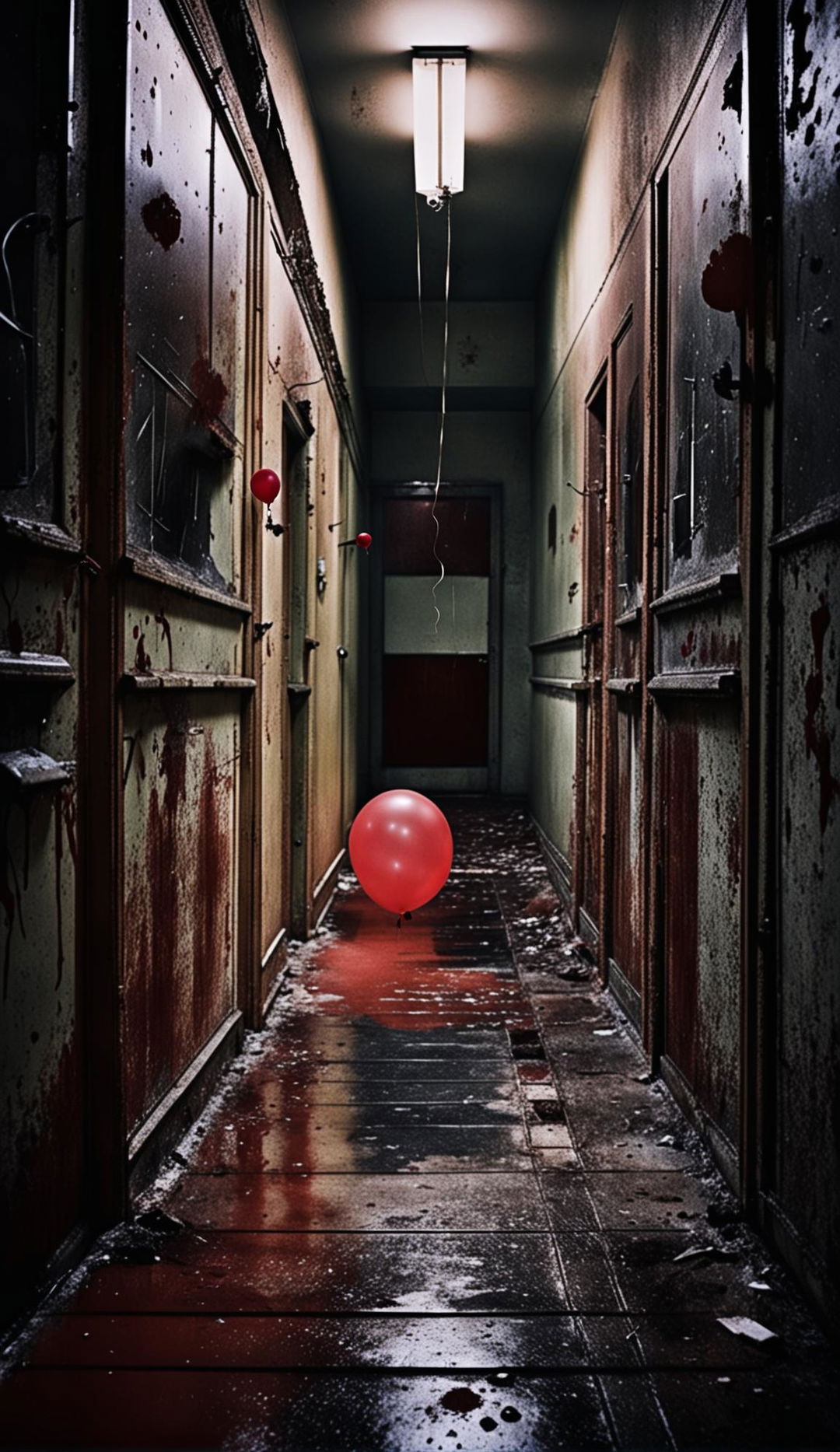 A decrepit school corridor under dim lighting with a dark red-brown handprint smeared on a classroom door window and a single red balloon floating at the end of the corridor.