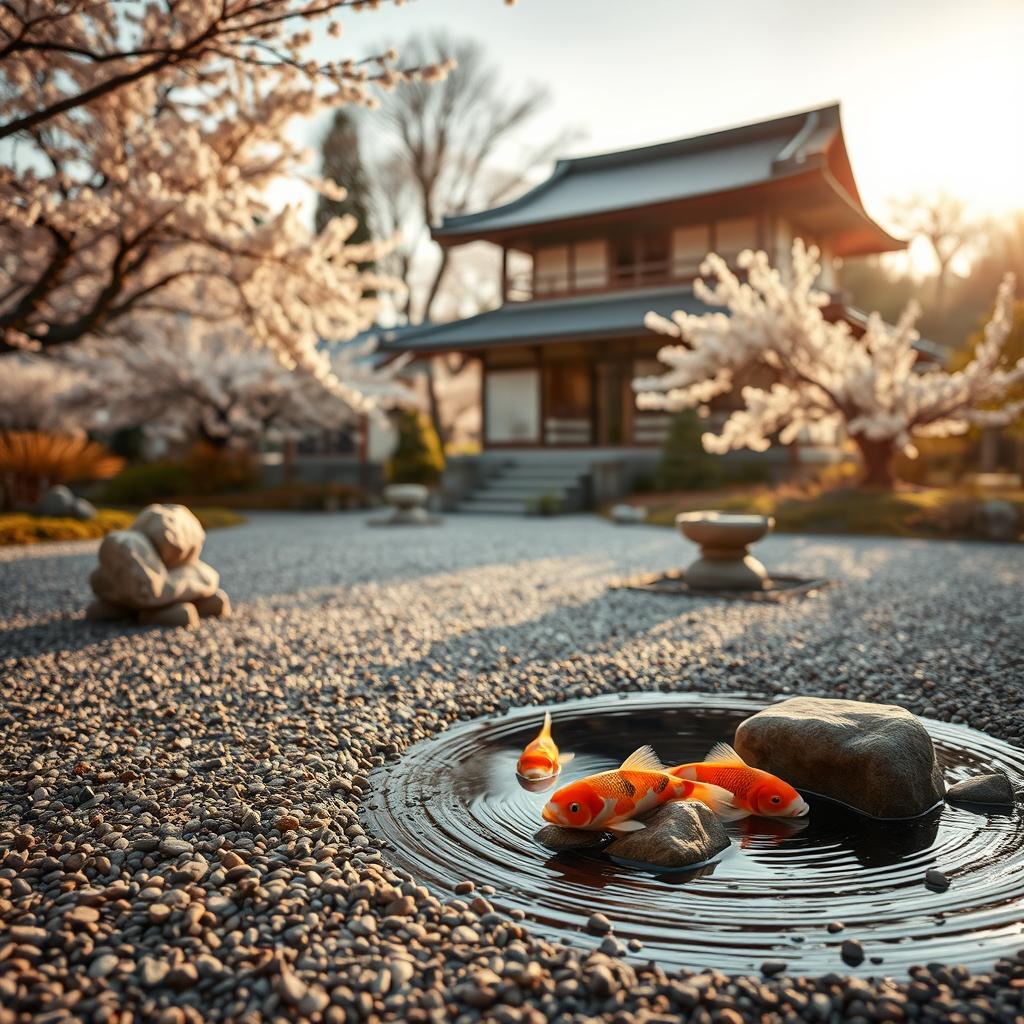 A beautiful, serene landscape featuring a Japanese zen garden with meticulously raked gravel and stone arrangements