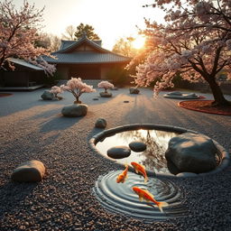 A beautiful, serene landscape featuring a Japanese zen garden with meticulously raked gravel and stone arrangements