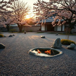 A beautiful, serene landscape featuring a Japanese zen garden with meticulously raked gravel and stone arrangements