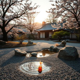 A beautiful, serene landscape featuring a Japanese zen garden with meticulously raked gravel and stone arrangements