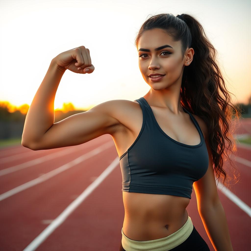 A beautiful and athletic girl in a dynamic pose, showcasing her healthy and fit body