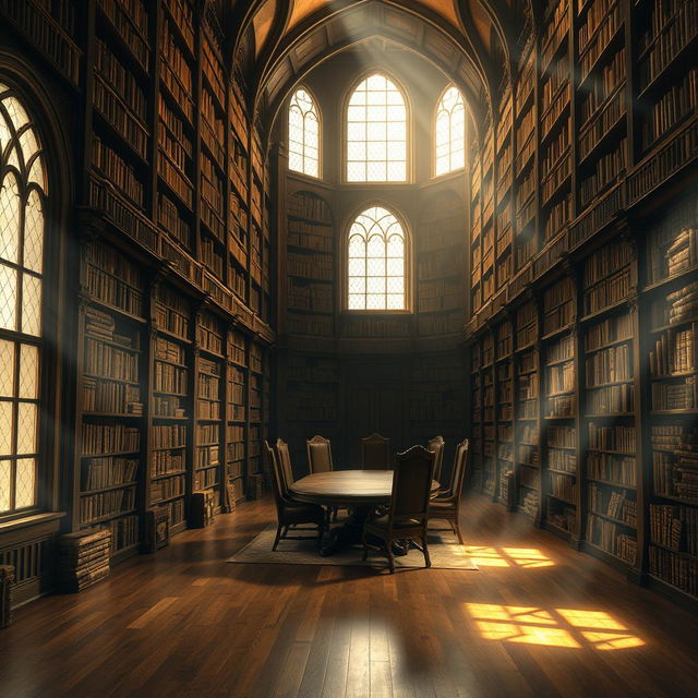 A mysterious, ancient library with towering bookshelves filled with dusty, old tomes