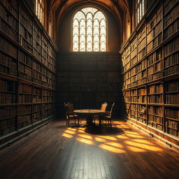 A mysterious, ancient library with towering bookshelves filled with dusty, old tomes