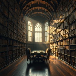 A mysterious, ancient library with towering bookshelves filled with dusty, old tomes