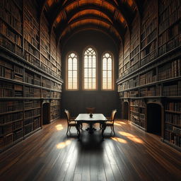 A mysterious, ancient library with towering bookshelves filled with dusty, old tomes