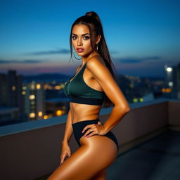 A sexy and confident woman with an athletic build, elegantly posed to highlight her healthy and fit body