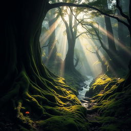 Mysterious and enchanting forest landscape, with towering ancient trees whose thick roots weave through a carpet of emerald moss