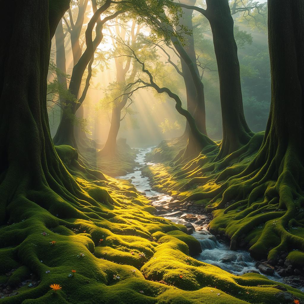 Mysterious and enchanting forest landscape, with towering ancient trees whose thick roots weave through a carpet of emerald moss