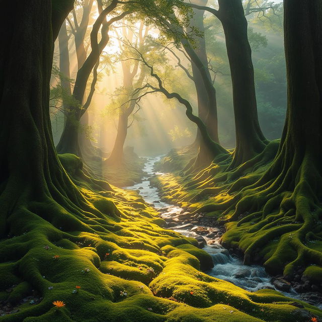 Mysterious and enchanting forest landscape, with towering ancient trees whose thick roots weave through a carpet of emerald moss