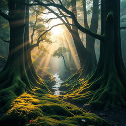 Mysterious and enchanting forest landscape, with towering ancient trees whose thick roots weave through a carpet of emerald moss