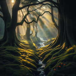 Mysterious and enchanting forest landscape, with towering ancient trees whose thick roots weave through a carpet of emerald moss