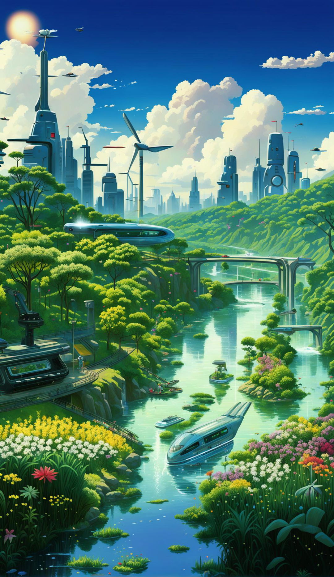 Digital art of an idyllic world where nature and advanced technology coexist harmoniously. Features lush landscapes, futuristic cityscape, humans and robots living together.