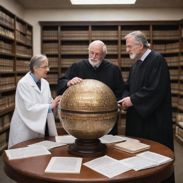 Three professors in robes, mulling over a captivating, glowing metal orb on a table strewn with books and papers. The academic setting is filled with bookshelves, desks, and whiteboards with the caption: 'In academia's realm...' placed fittingly.