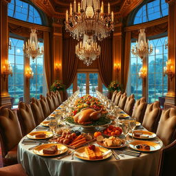 A lavishly decorated banquet table set for a luxurious feast in a grand hall