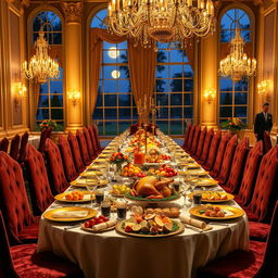 A lavishly decorated banquet table set for a luxurious feast in a grand hall