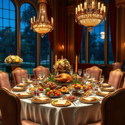 A lavishly decorated banquet table set for a luxurious feast in a grand hall