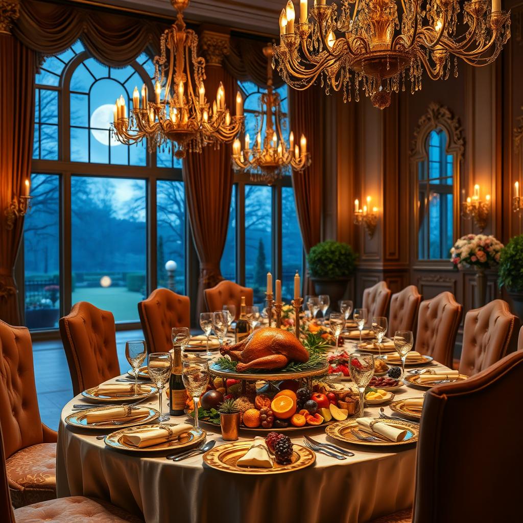 A lavishly decorated banquet table set for a luxurious feast in a grand hall