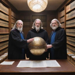 Three professors in robes, mulling over a captivating, glowing metal orb on a table strewn with books and papers. The academic setting is filled with bookshelves, desks, and whiteboards with the caption: 'In academia's realm...' placed fittingly.