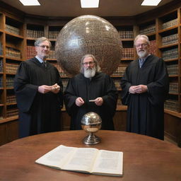 Three professors in robes, mulling over a captivating, glowing metal orb on a table strewn with books and papers. The academic setting is filled with bookshelves, desks, and whiteboards with the caption: 'In academia's realm...' placed fittingly.