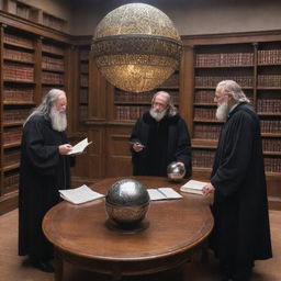 Three professors in robes, mulling over a captivating, glowing metal orb on a table strewn with books and papers. The academic setting is filled with bookshelves, desks, and whiteboards with the caption: 'In academia's realm...' placed fittingly.