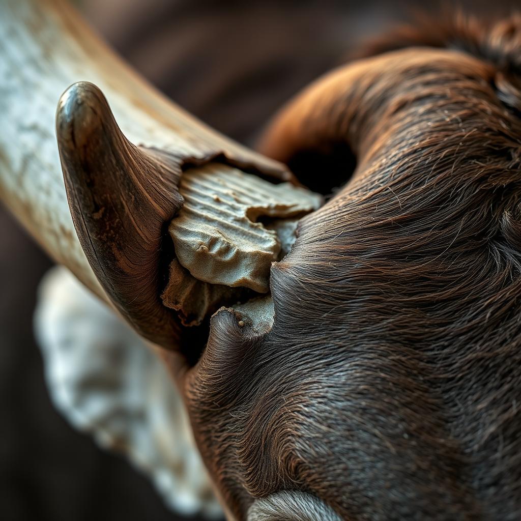 A close-up view of a cut horn on a head, showcasing the rugged texture and detail where the horn has been severed