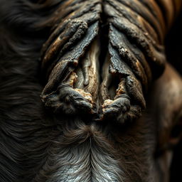 A close-up view of a cut horn on a head, showcasing the rugged texture and detail where the horn has been severed