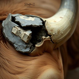 A close-up view of a cut horn on a head, showcasing the rugged texture and detail where the horn has been severed