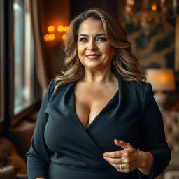 A confident and alluring 55-year-old professional woman with voluptuous curves and a striking presence