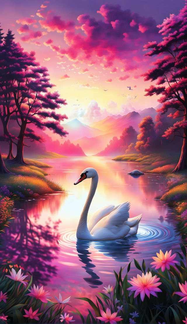 A serene landscape at sunset with a tranquil lake reflecting pastel skies, a majestic swan gliding across the water, a lush forest on one side and a colorful meadow on the other.