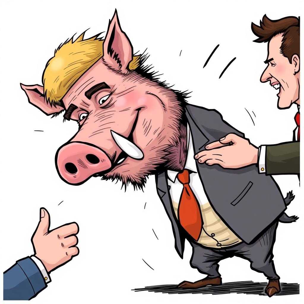 a satirical political cartoon depicting a fictional scenario where a humanoid wild boar resembling a caricature of a political figure is being playfully slapped