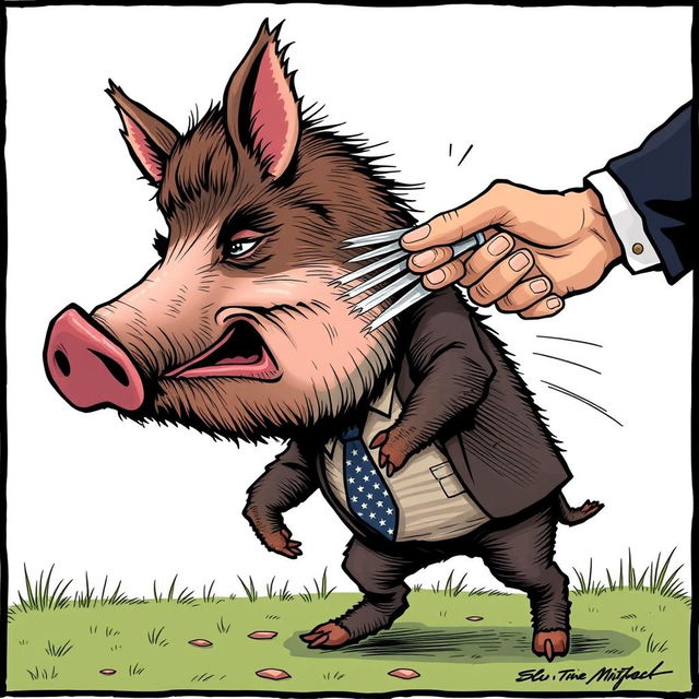 a satirical political cartoon depicting a fictional scenario where a humanoid wild boar resembling a caricature of a political figure is being playfully slapped