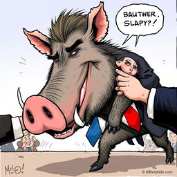 a satirical political cartoon depicting a fictional scenario where a humanoid wild boar resembling a caricature of a political figure is being playfully slapped