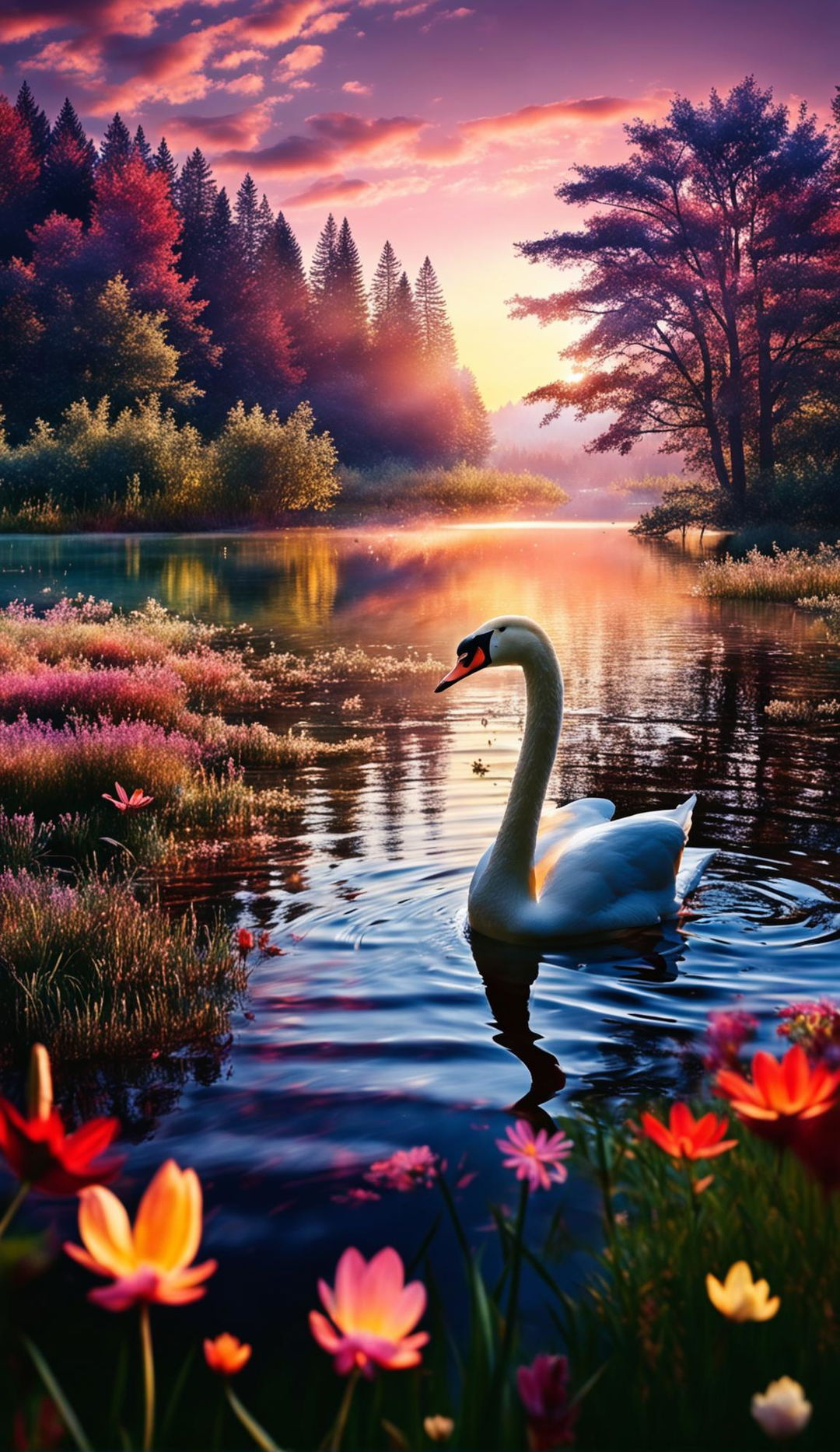 An ultra-high-definition photograph of a serene landscape at sunset, featuring a tranquil lake reflecting pastel skies, a majestic swan gliding across the water, a lush forest on one side and a vibrant meadow on the other.