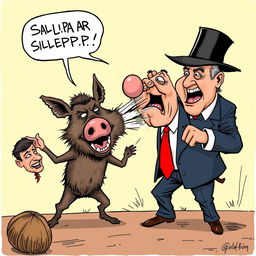 a satirical political cartoon depicting a fictional scenario where a humanoid wild boar resembling a caricature of a political figure is being playfully slapped